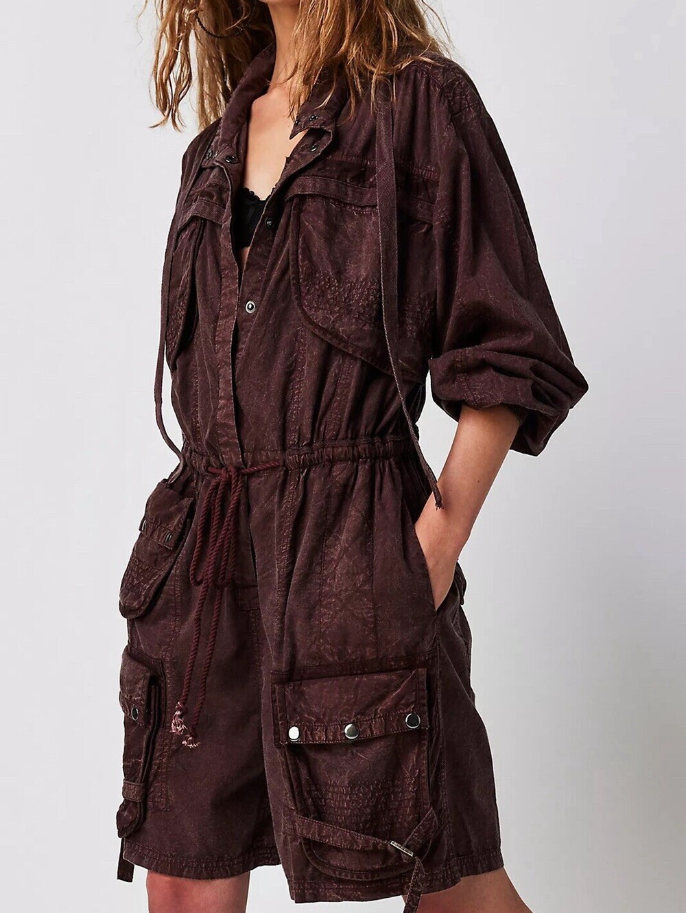Free People Moon Bay Distressed Parachute Shortalls in Maroon 100% Cotton Sz XS